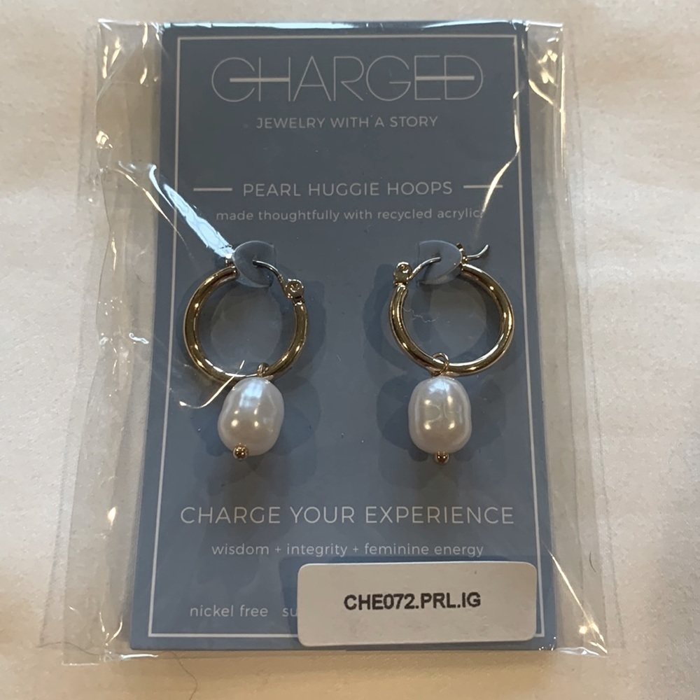 Ettika “Charged” Pearl Huggie Hoop Earrings, Gold Plated & Nickel Free.